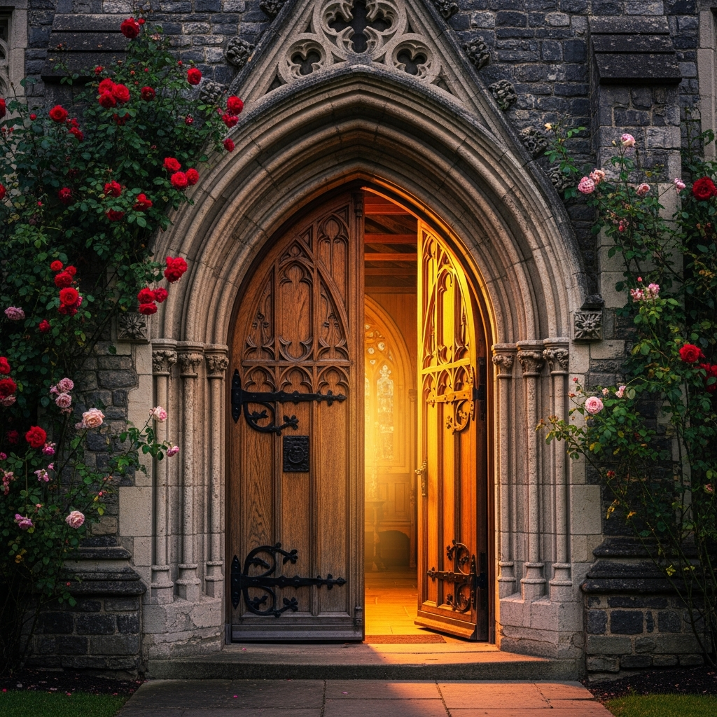 Open church door bathed in golden light