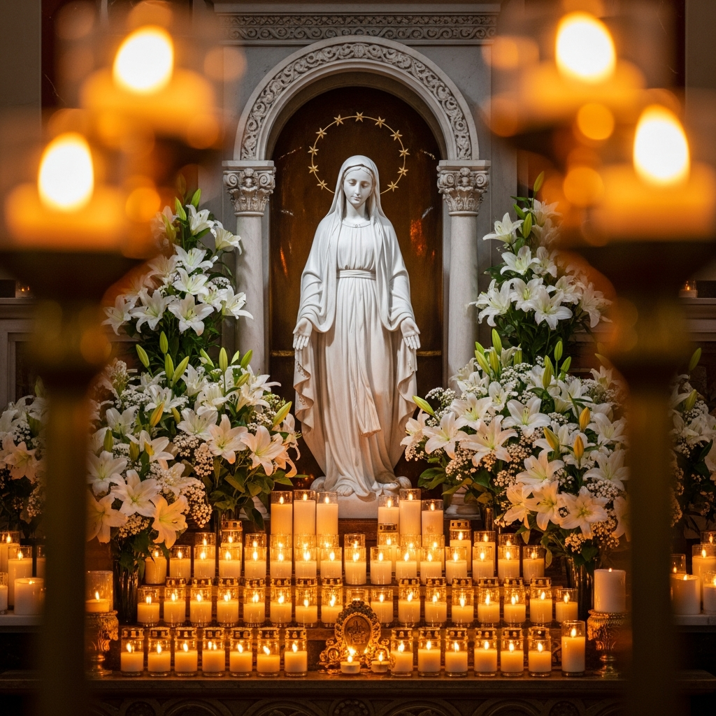 Marian shrine with candlelight at Madonna Ministry