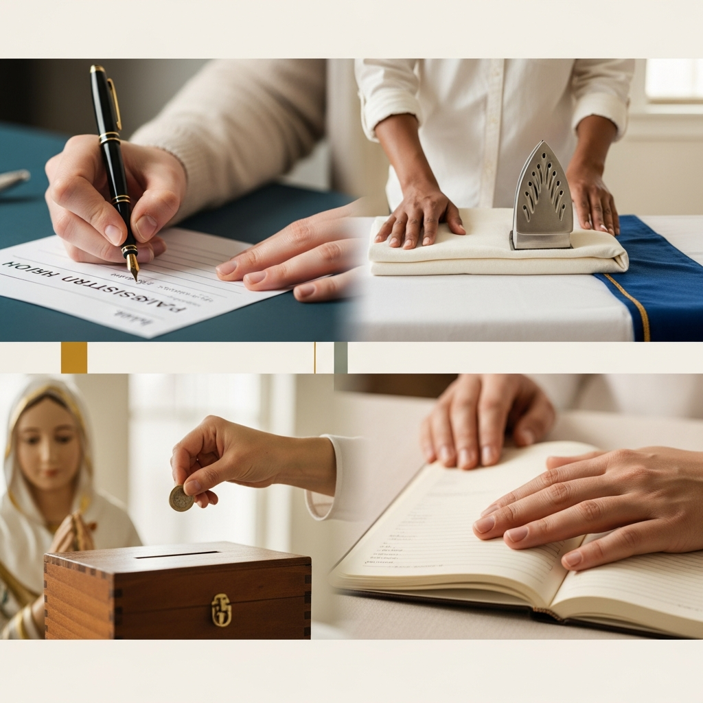 Three ways to give at Madonna Ministry — a standing order form, the offertory basket at Sunday Mass, and a quiet desk for legacy giving.