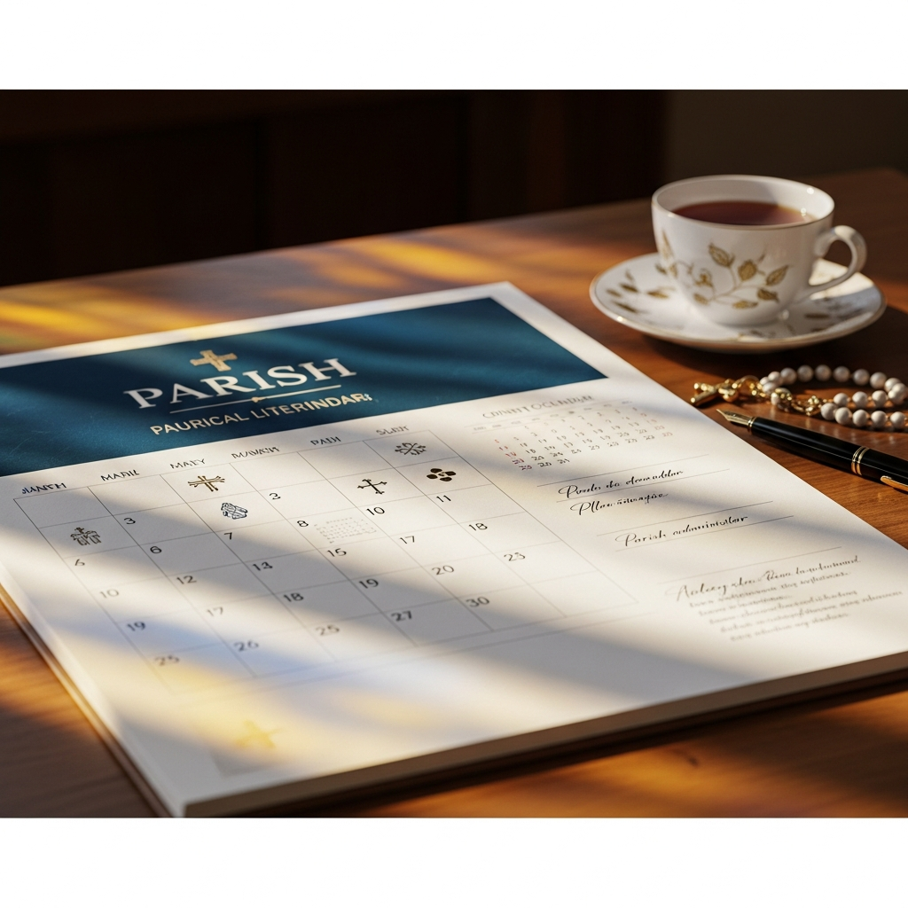 Madonna Ministry liturgical calendar on a wooden table with a cup of tea, lit by gentle stained-glass colour.