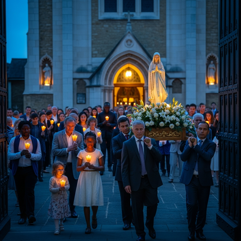 Diverse Madonna Ministry parish community in a candlelit procession, carrying a statue of Our Lady at dusk.