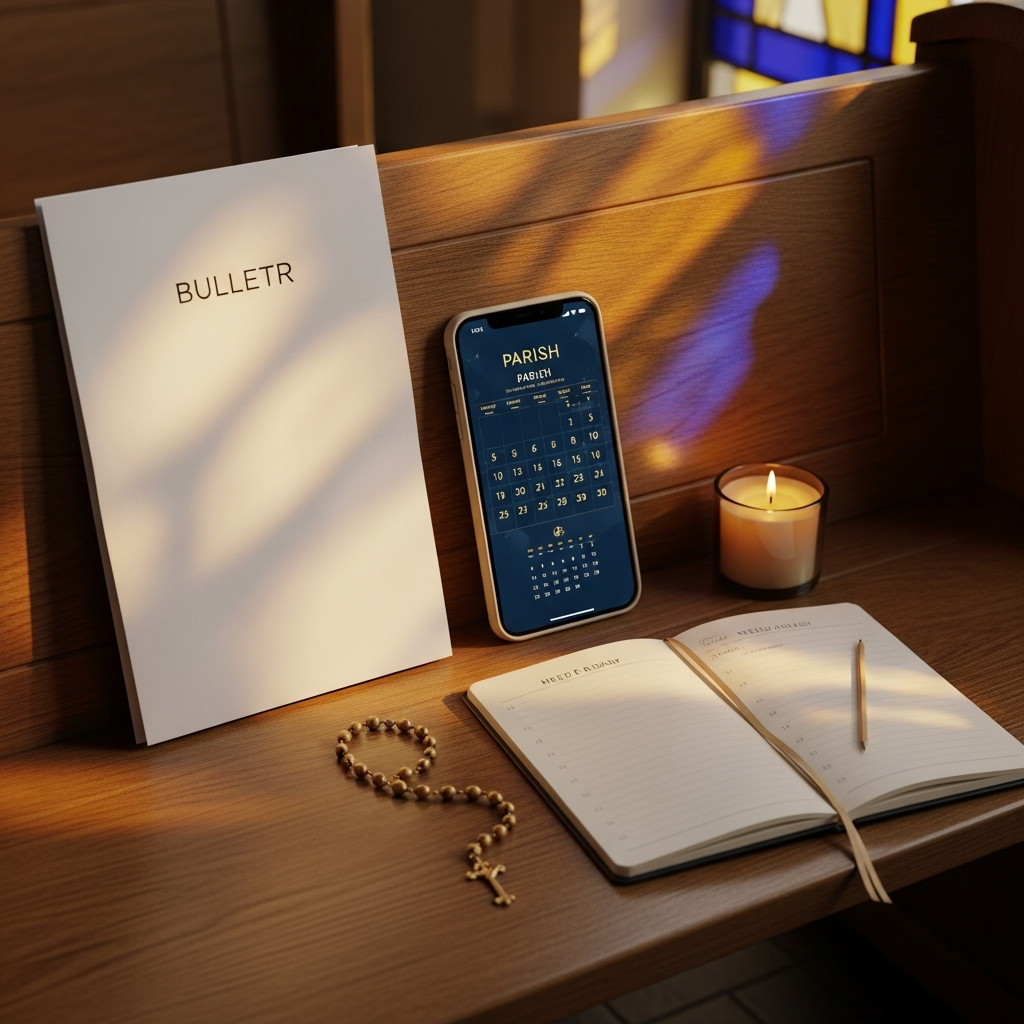 Parish bulletin, smartphone calendar and diary on a Madonna Ministry pew — three ways to stay close to parish life.