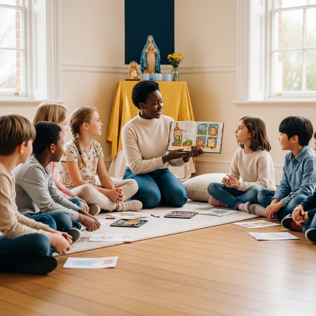 Diverse children at Madonna Ministry's First Communion preparation class, listening as a catechist reads from an illustrated Bible.