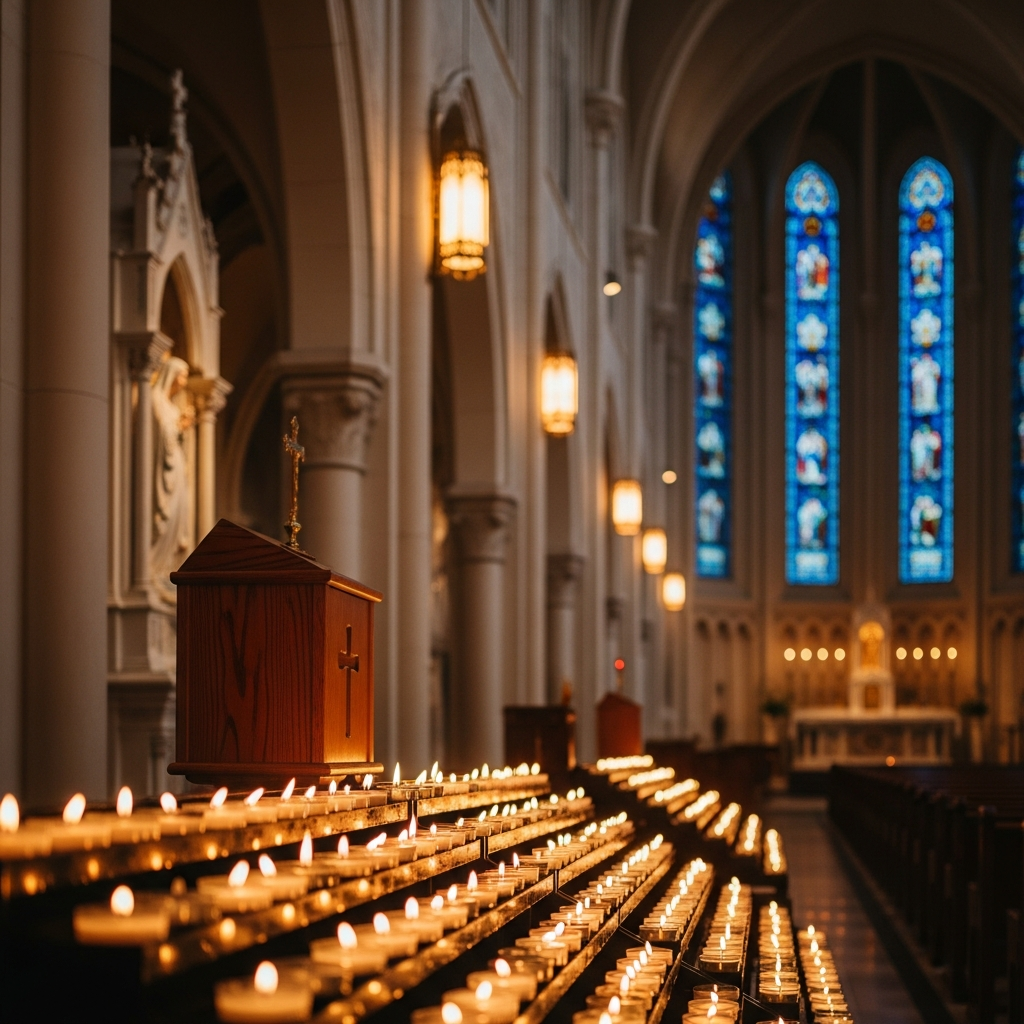 Diverse parishioners praying quietly at the Marian shrine of Madonna Ministry, with glowing votive candles.