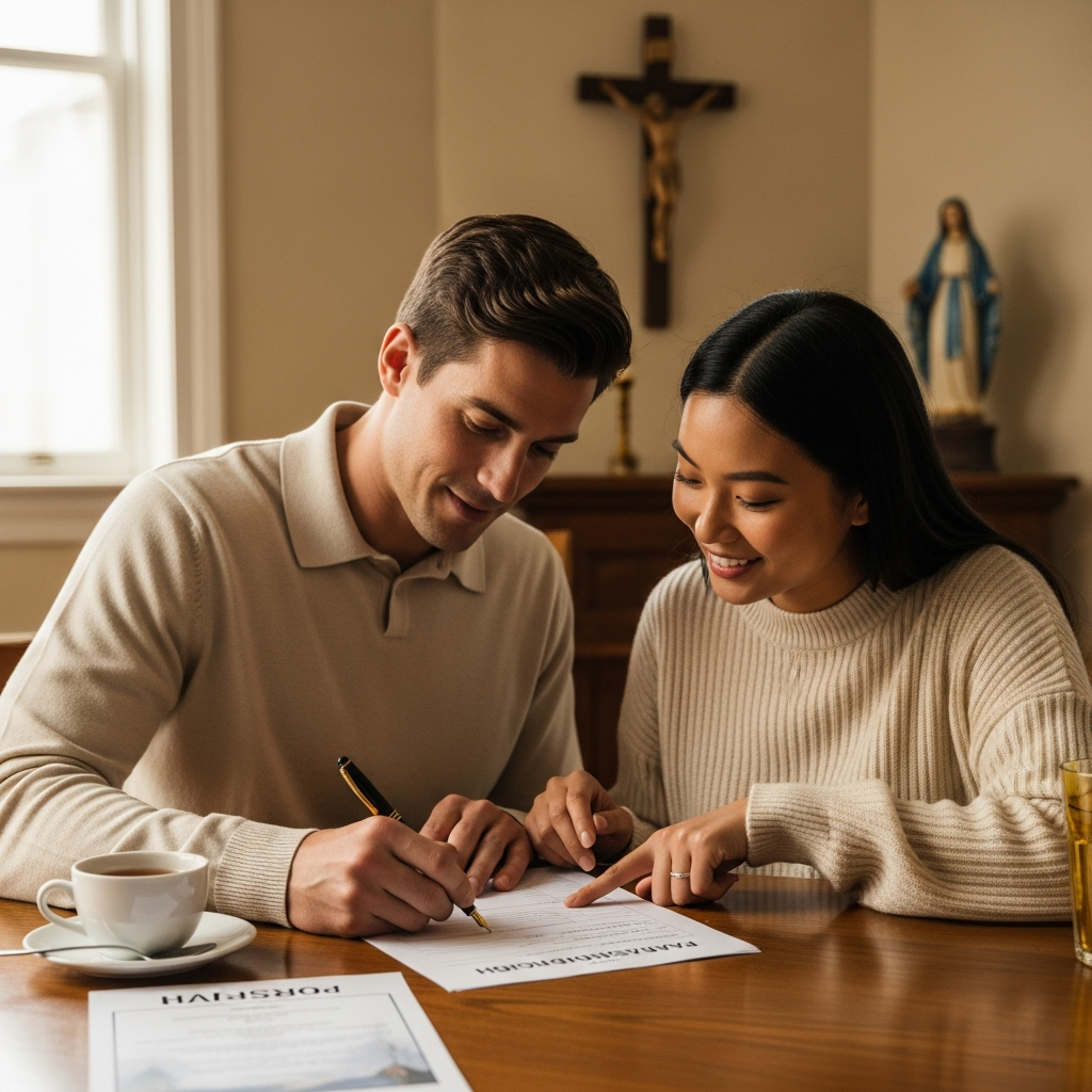 Young couple gently filling in a Madonna Ministry parish registration form together at a wooden table.