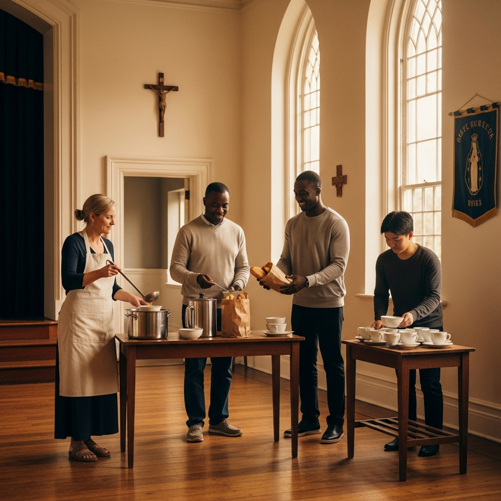 Diverse Madonna Ministry volunteers serving warm soup and bread at the parish soup kitchen.