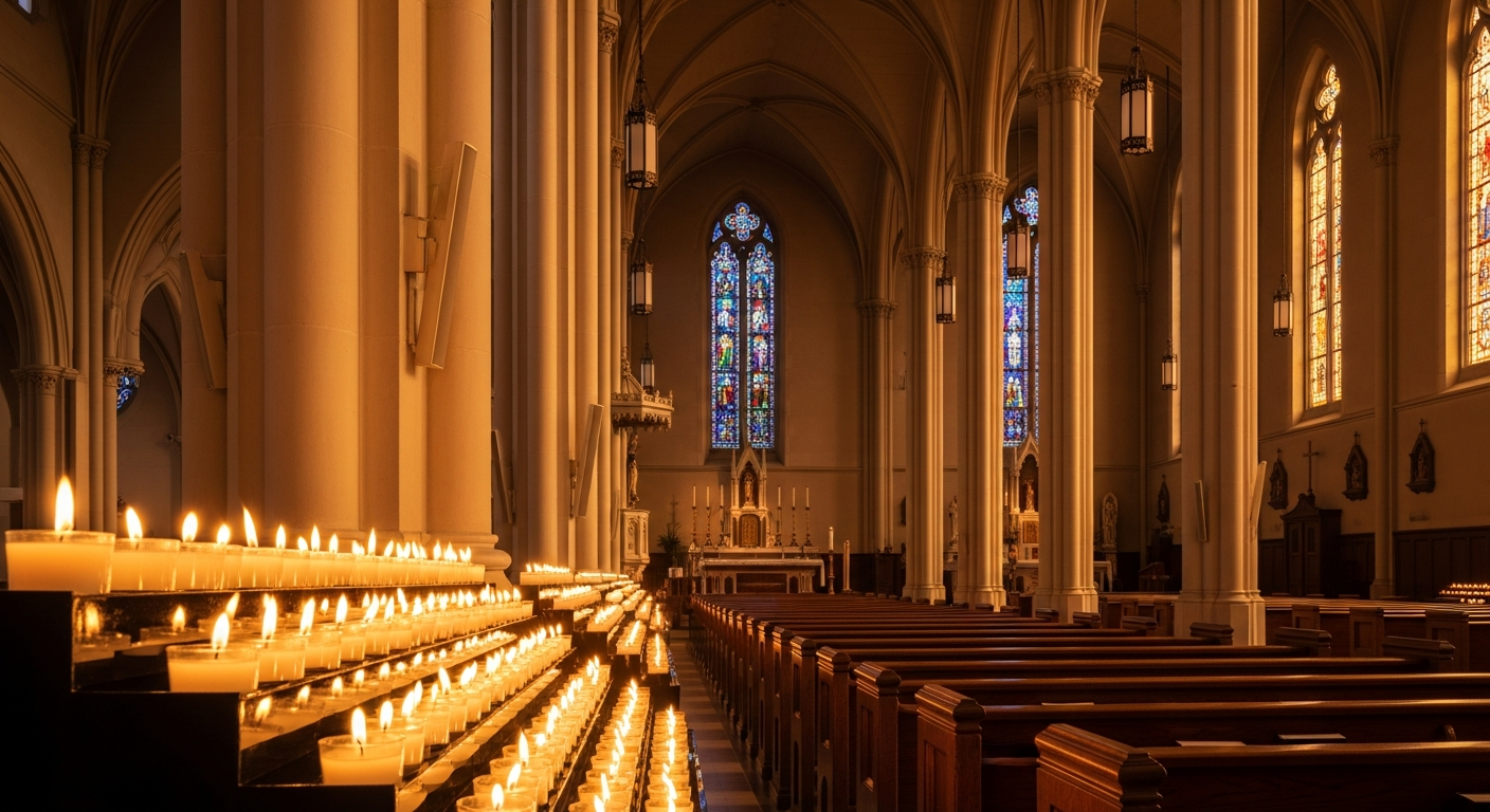 Votive candles burning in prayer before a shrine