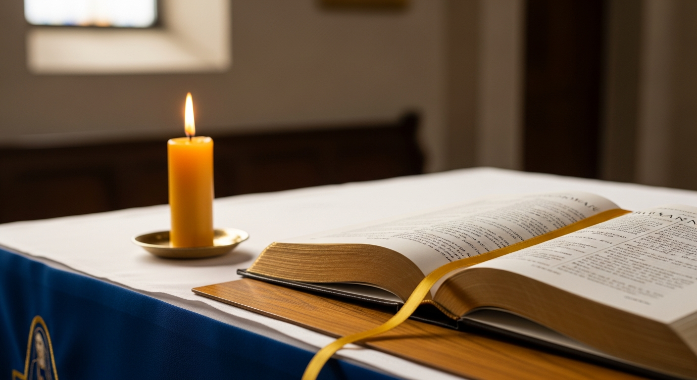 An open missal resting on a church pew, pages gilt-edged in morning light