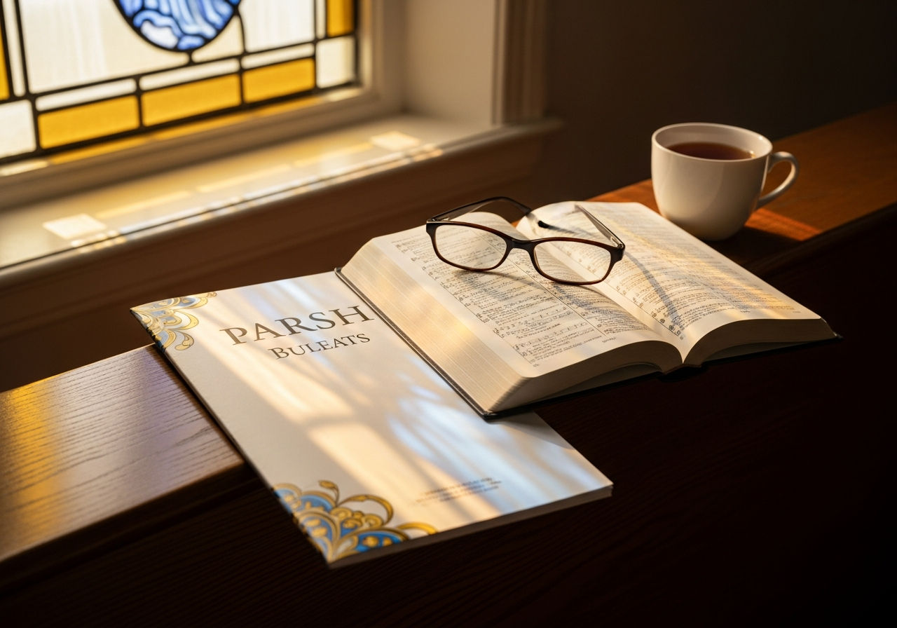 A parish bulletin, a candle, and a cup of tea resting on a windowsill