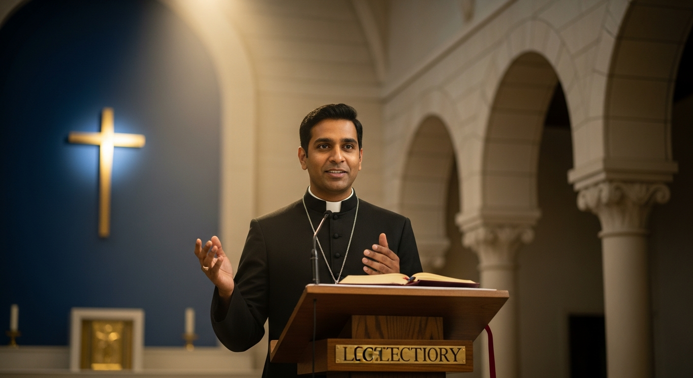 Father [Name] delivering the homily at Sunday Mass