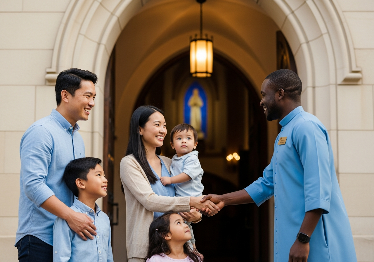 A family arriving at church together, smiling warmly