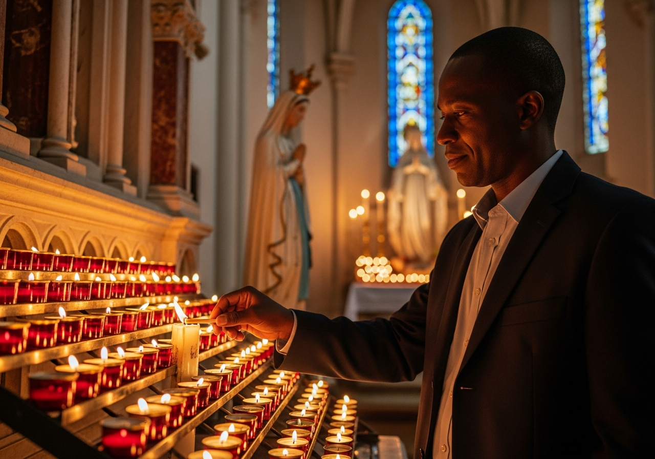 Church doors open wide, warm light within