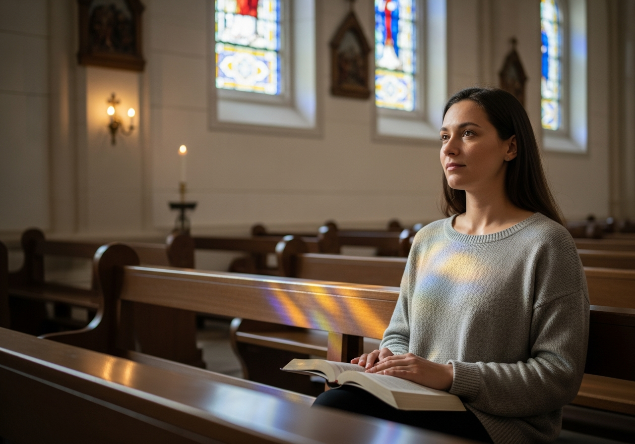 Someone quietly reading a Bible in peaceful surroundings