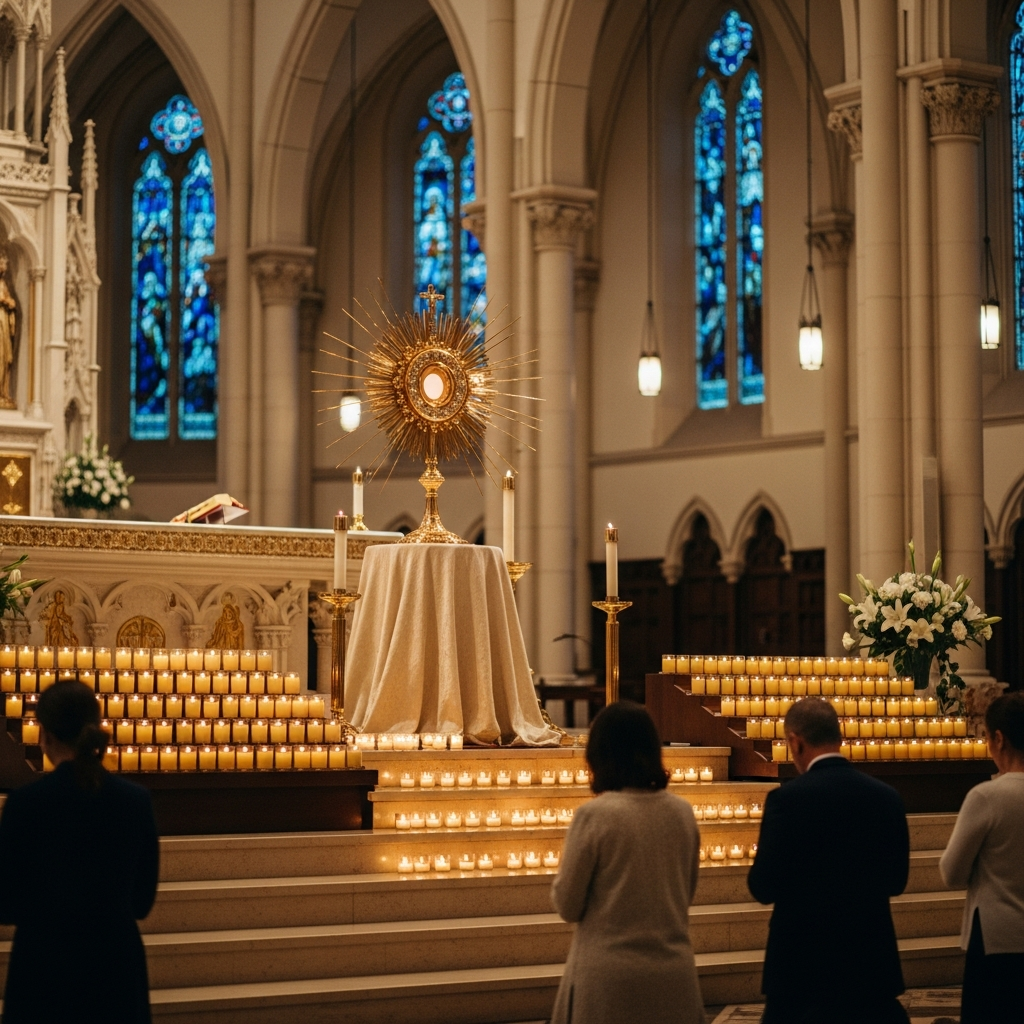 Gold monstrance displayed during Eucharistic Adoration at Madonna Ministry, with parishioners kneeling in quiet prayer.