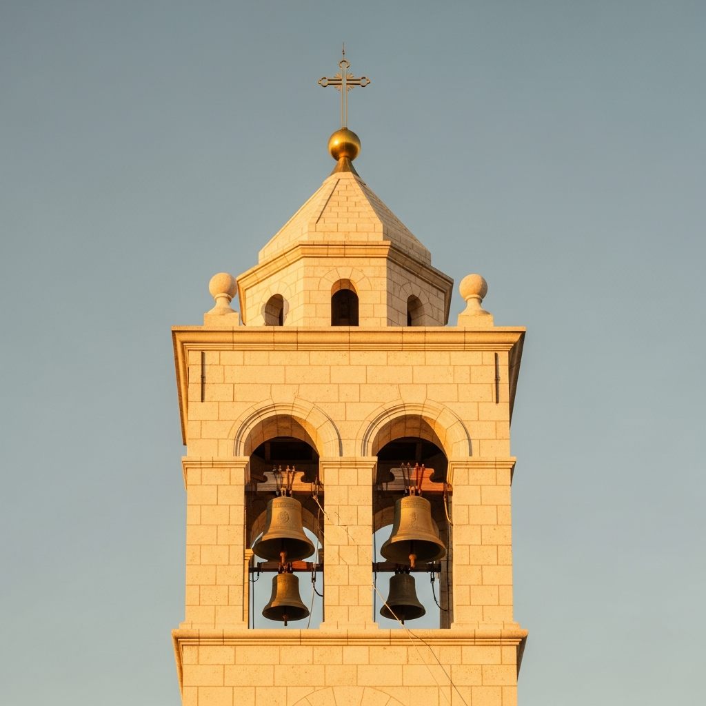 Church bell tower of Madonna Ministry at golden hour, calling the faithful to Mass.