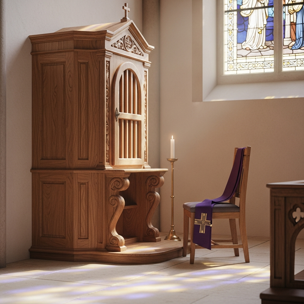 Wooden confessional inside Madonna Ministry church, lit by gentle stained-glass light, a place of mercy and welcome.