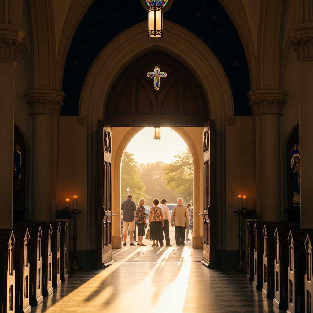 View through the open front door of Madonna Ministry church at golden hour, parishioners arriving for Mass.