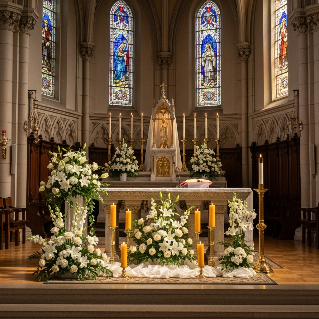 Madonna Ministry sanctuary decorated for a great liturgical feast, with white lilies, candles and stained-glass light.