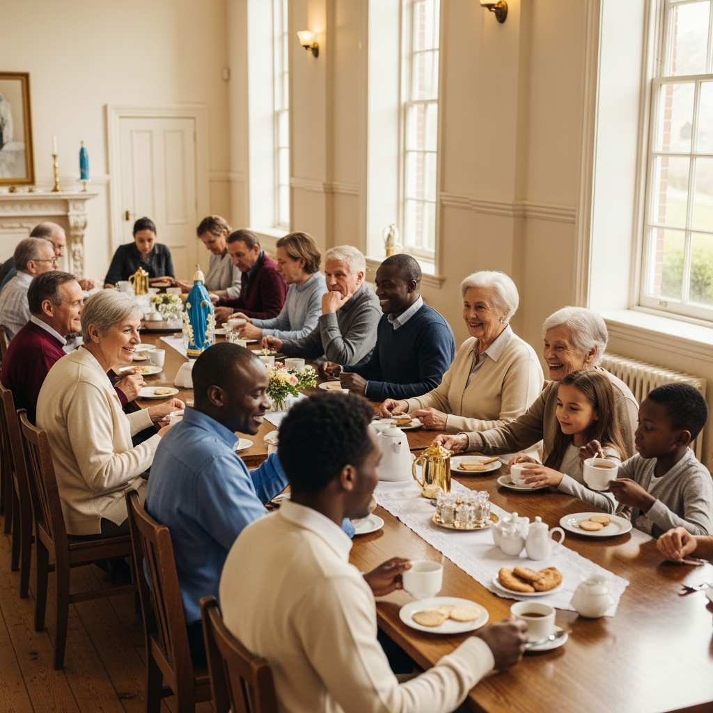 Diverse Madonna Ministry parishioners sharing tea and conversation in the parish hall after Sunday Mass.