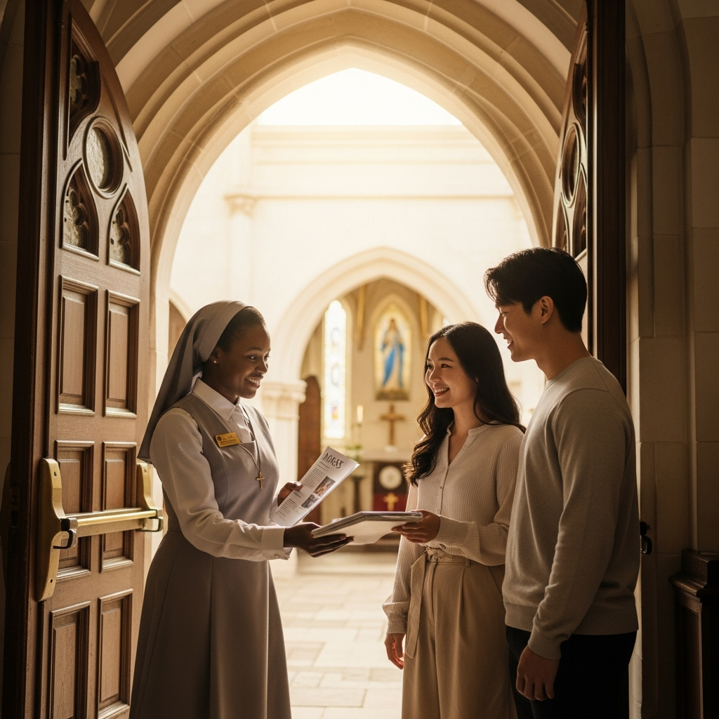 African welcomer handing a hymn book to an Asian couple at the entrance of Madonna Ministry church.