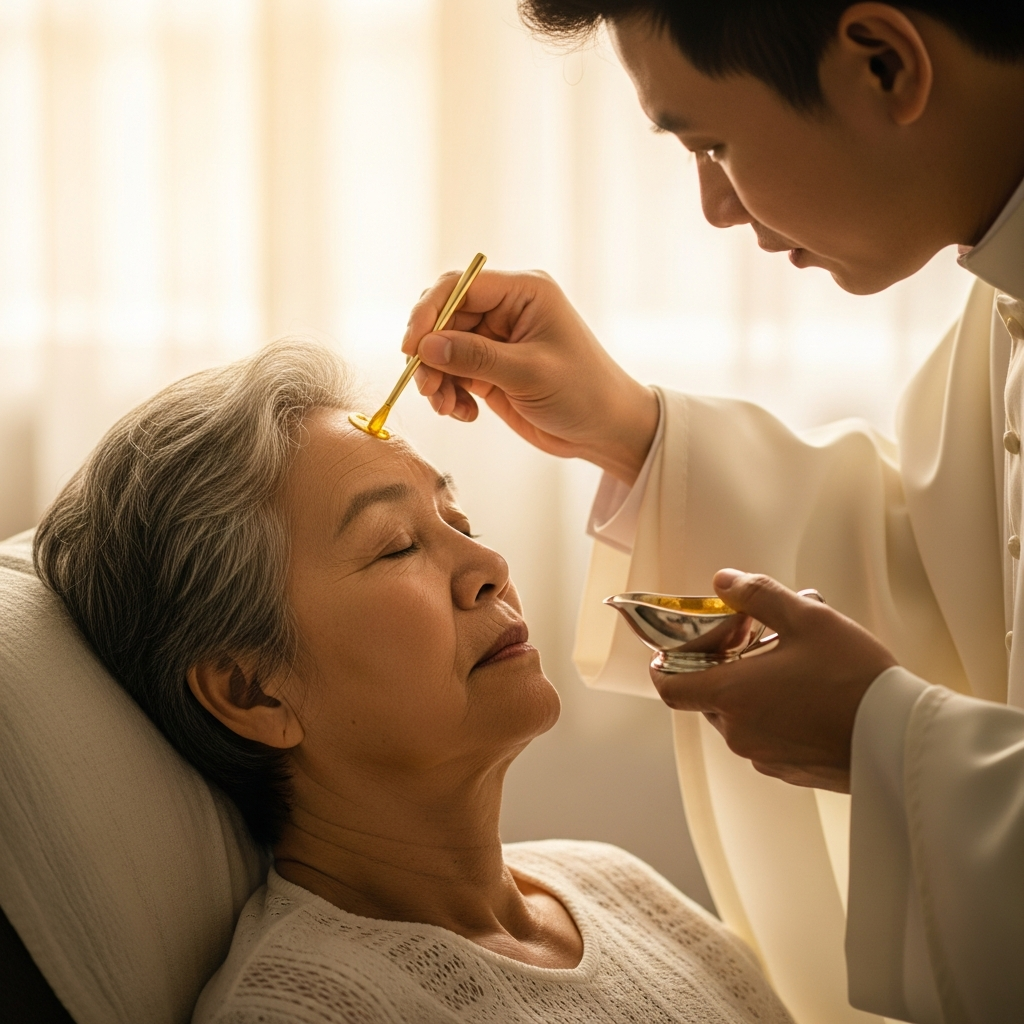 Priest anointing the forehead of an elderly parishioner with sacred oil during the Anointing of the Sick at Madonna Ministry.