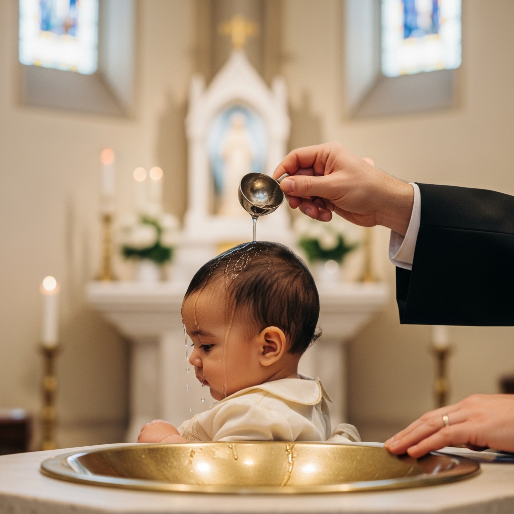 Infant being baptised by a priest at Madonna Ministry, water poured from a silver shell over the child's head.