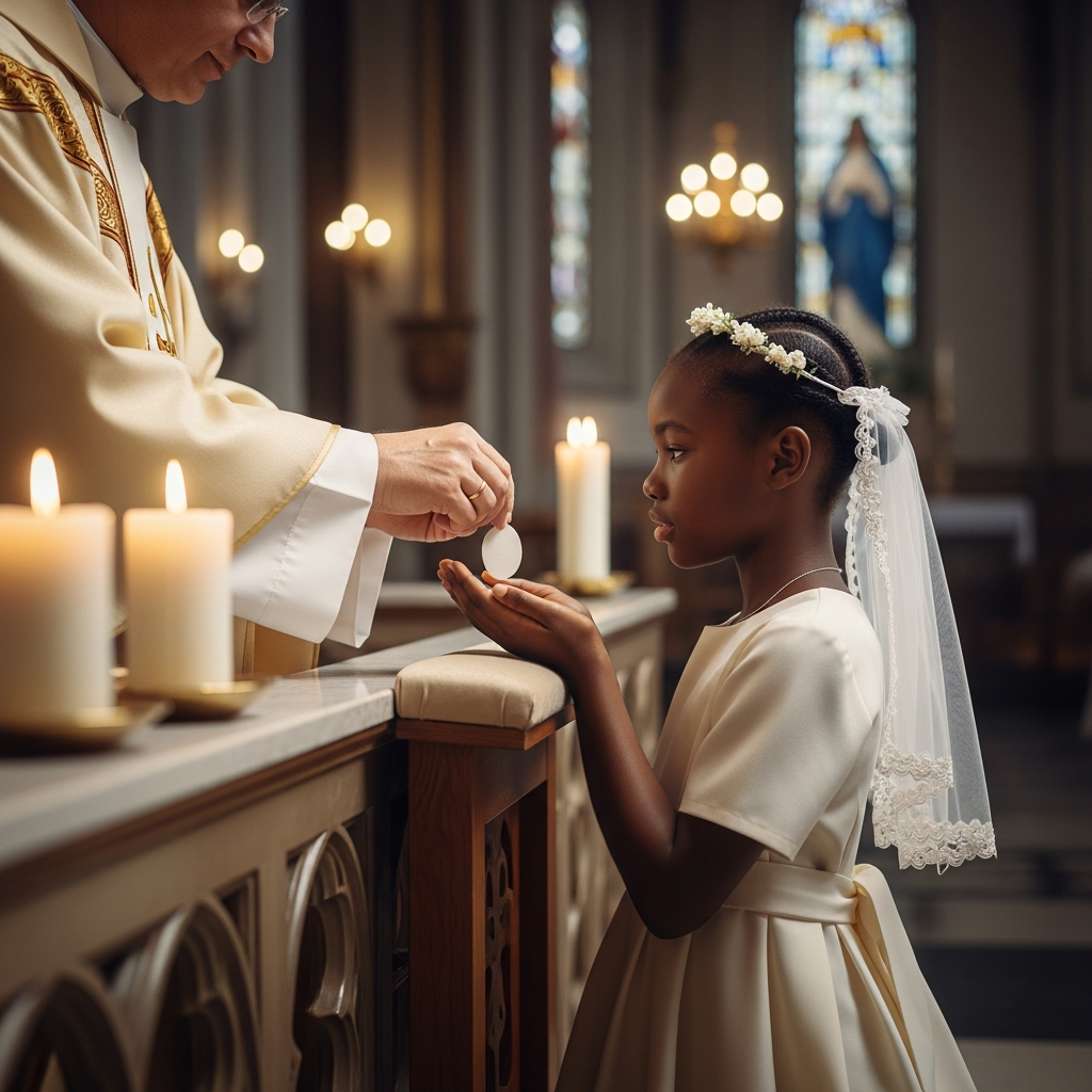 Young girl receiving her First Holy Communion at Madonna Ministry, hands cupped reverently before the priest.
