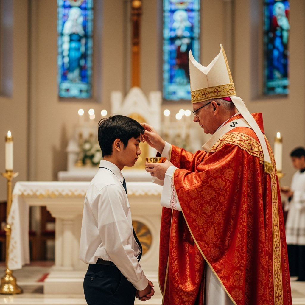 Teenager being confirmed at Madonna Ministry, the bishop anointing his forehead with sacred chrism.