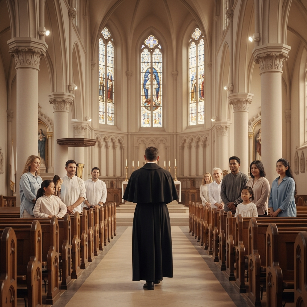 Priest walking down the aisle of Madonna Ministry church to greet a diverse group of parishioners waiting in the front pews.