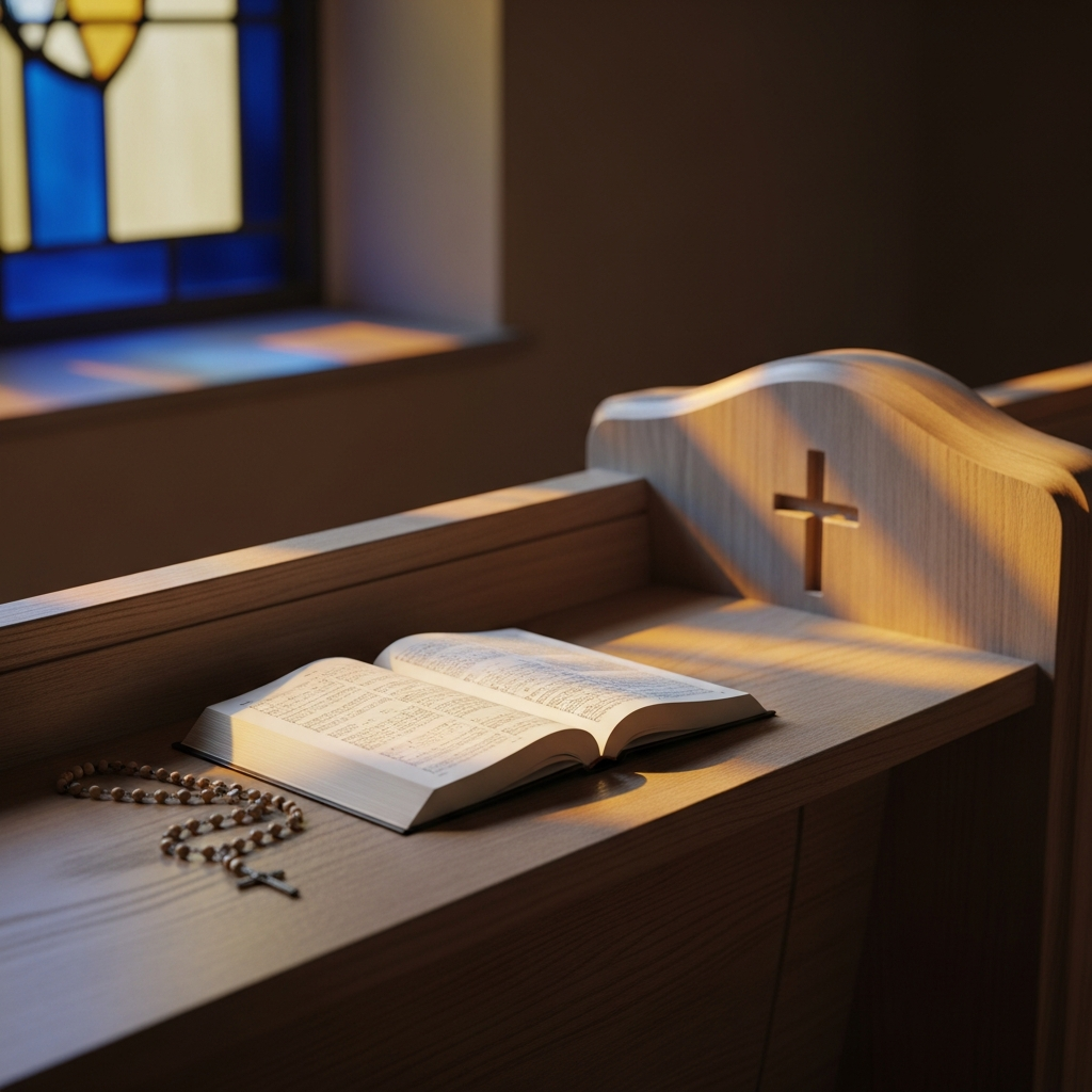 Open hymn book and rosary beads on a wooden pew at Madonna Ministry, lit by gentle stained-glass colour.