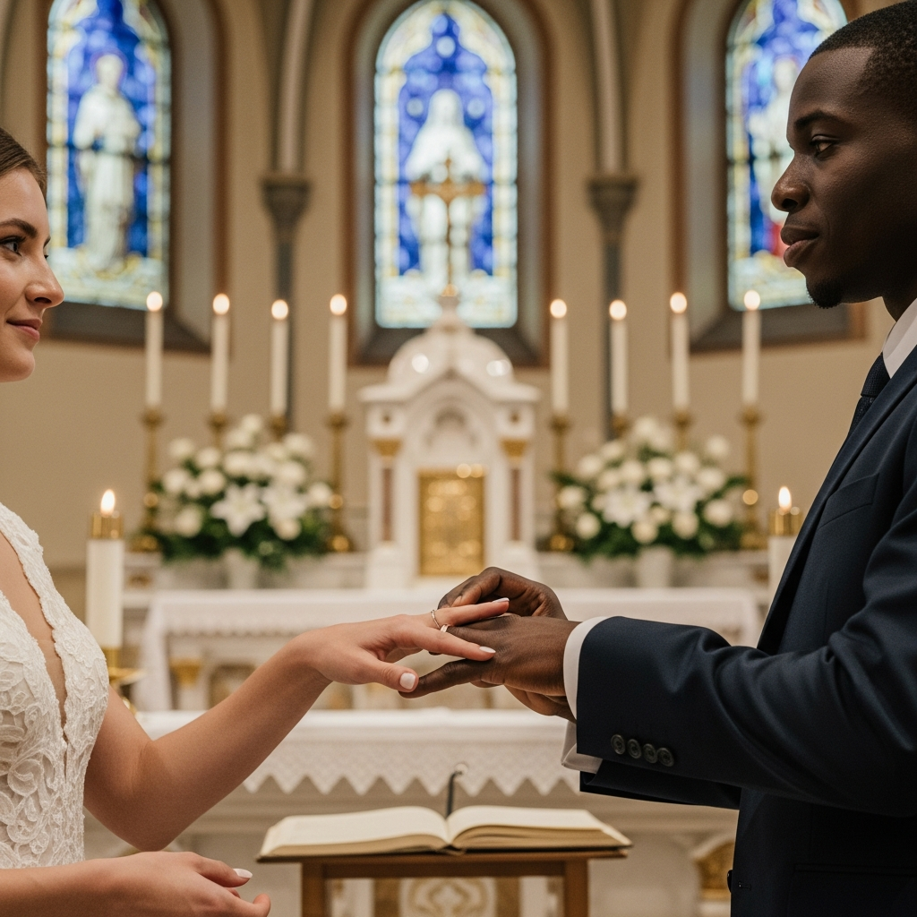Bride and groom exchanging rings at the altar during a Catholic wedding Mass at Madonna Ministry.