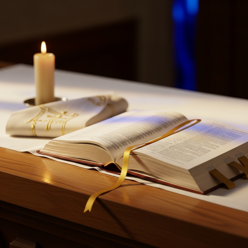 Open Roman Missal beside a lit candle on a wooden altar at Madonna Ministry, ready for the celebration of the sacraments.