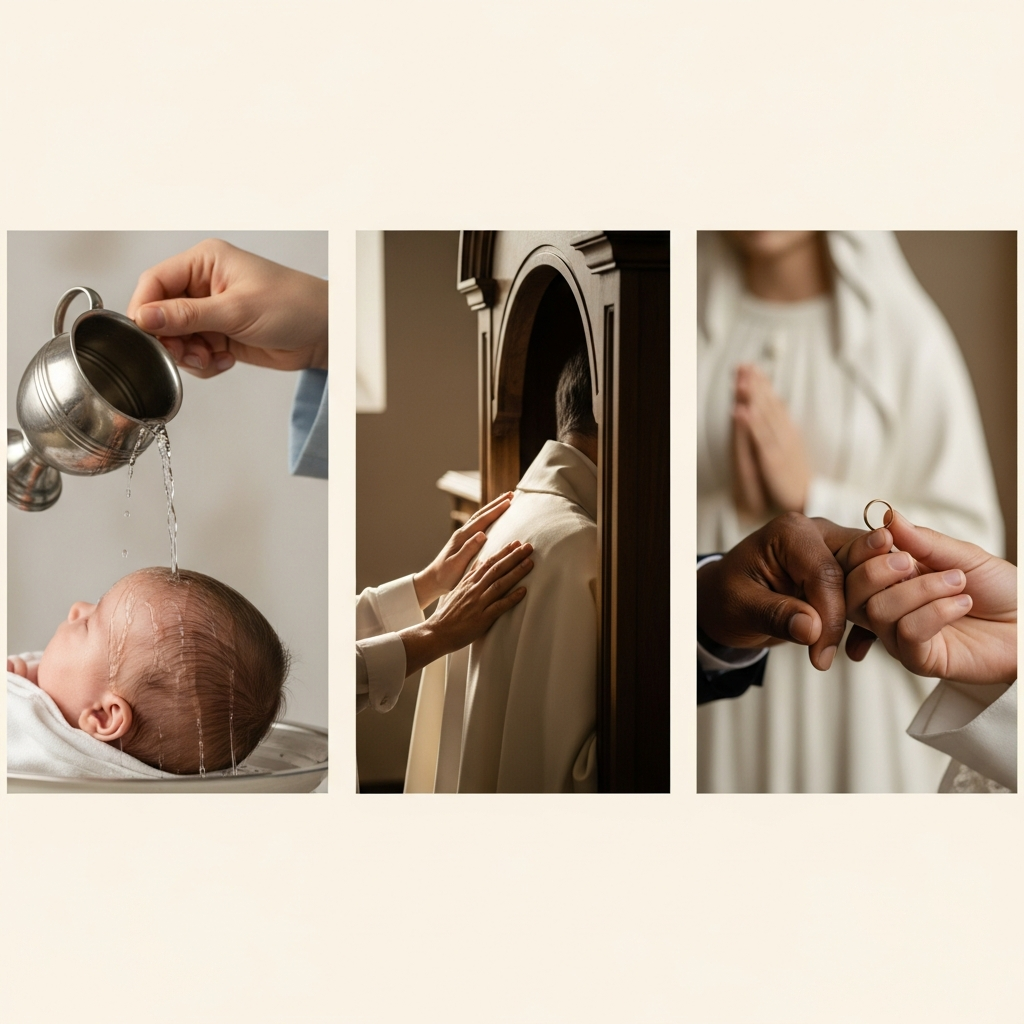 Triptych at Madonna Ministry showing the three pathways of the sacraments — initiation, healing, and service.