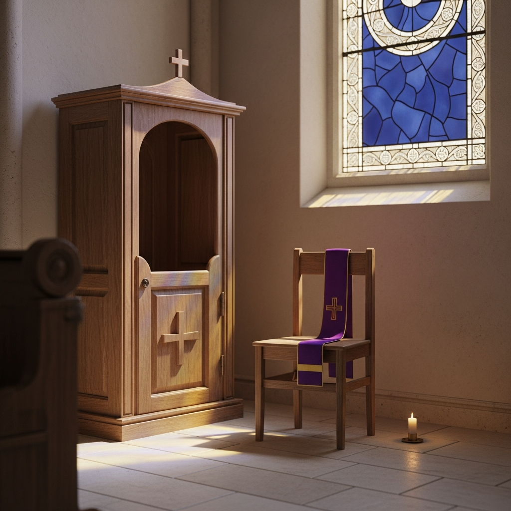 Wooden confessional with a purple stole at Madonna Ministry, lit gently by stained-glass light.