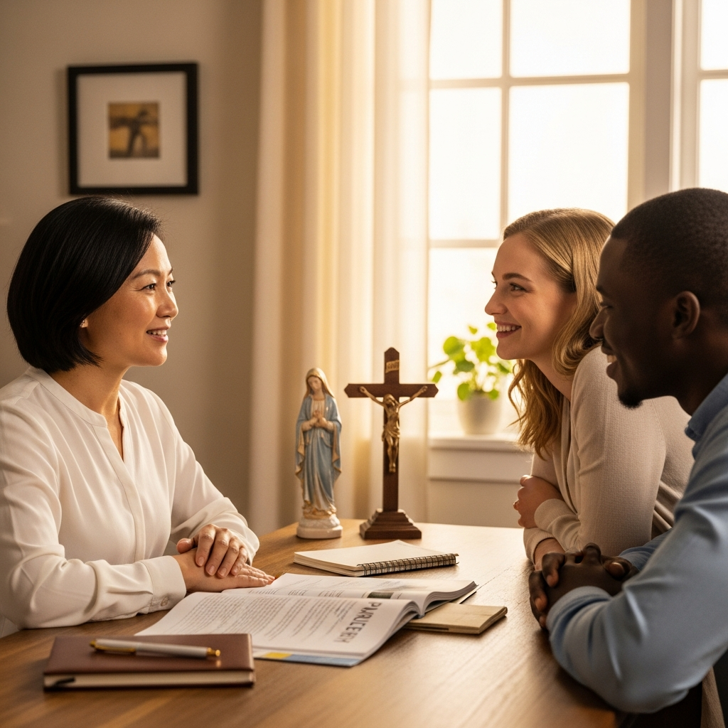 Couple meeting with the parish administrator at Madonna Ministry to begin sacramental preparation.
