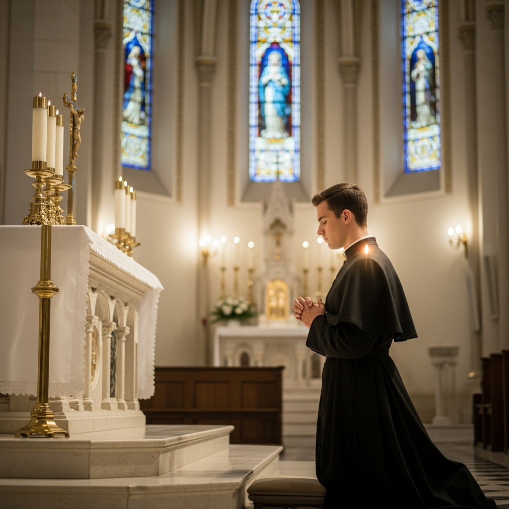 Young seminarian kneeling in prayer before the altar at Madonna Ministry, discerning a call to Holy Orders.