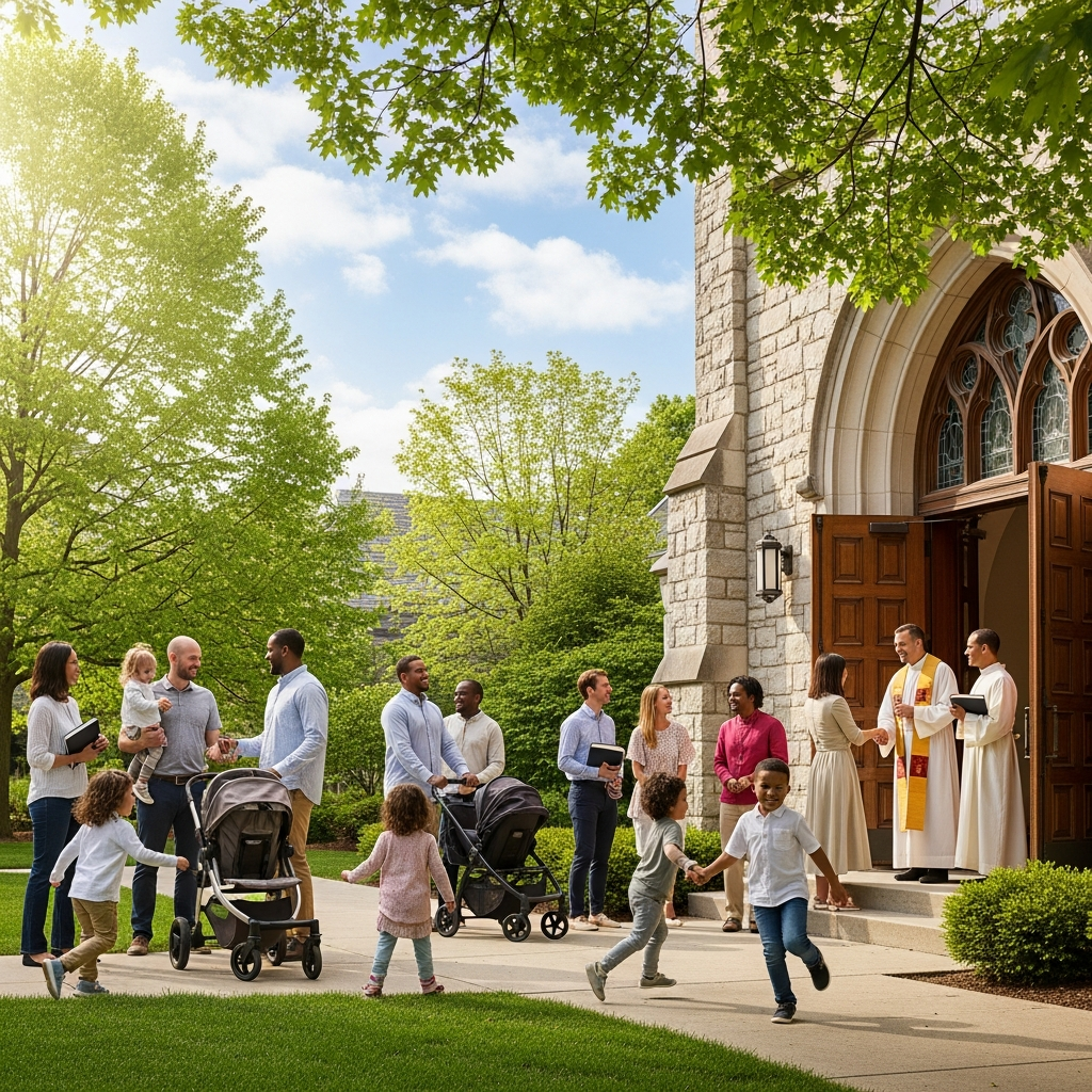 Parishioners gathering outside church after Sunday Mass